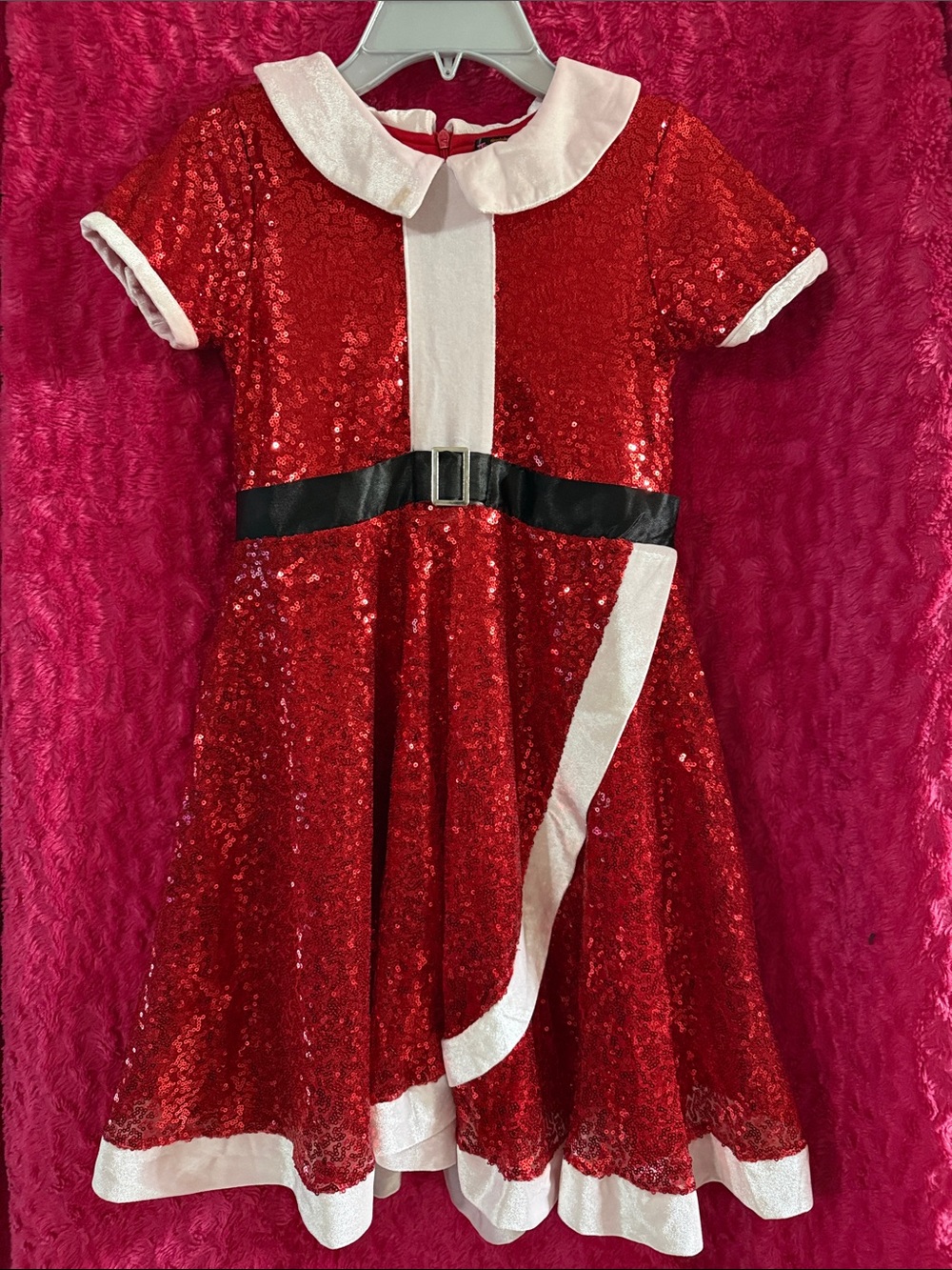 JoJo Siwa Red Sequin Holiday Dress with White Trim and Black Belt